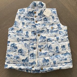 CZ baby designer vest with all over blue and white wolf print. New